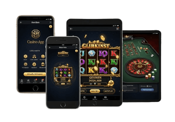 Casino-App auf verschiedenen Geräten – iPhone, Android-Smartphone und iPad – mit Lobby, laufendem Slot und Live-Roulette-Tisch. Elegantes dunkles Design mit goldenen Akzenten und stilisierter Stadtsilhouette bei Nacht im Hintergrund, dynamisch angeordnet.