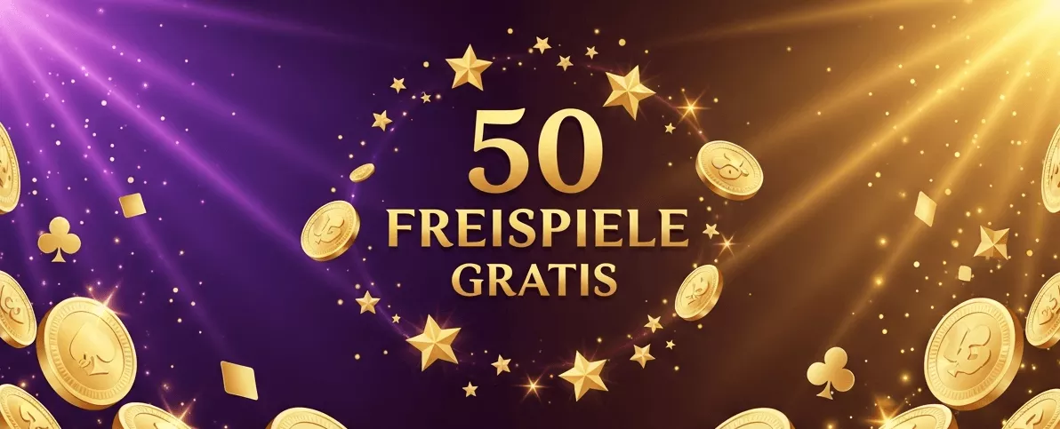 Werbebanner: 50 FREISPIELE GRATIS – Online-Casino Bonus ohne Einzahlung; goldene und violette Farbtöne, glänzende Münzen und Spielkartensymbole, funkelnde Sterne.