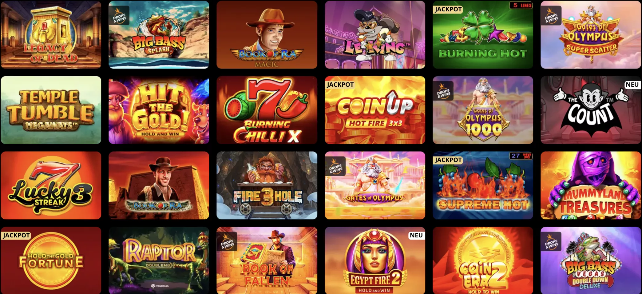 Modern casino game lobby interface with colorful slot machine thumbnails and neon accents