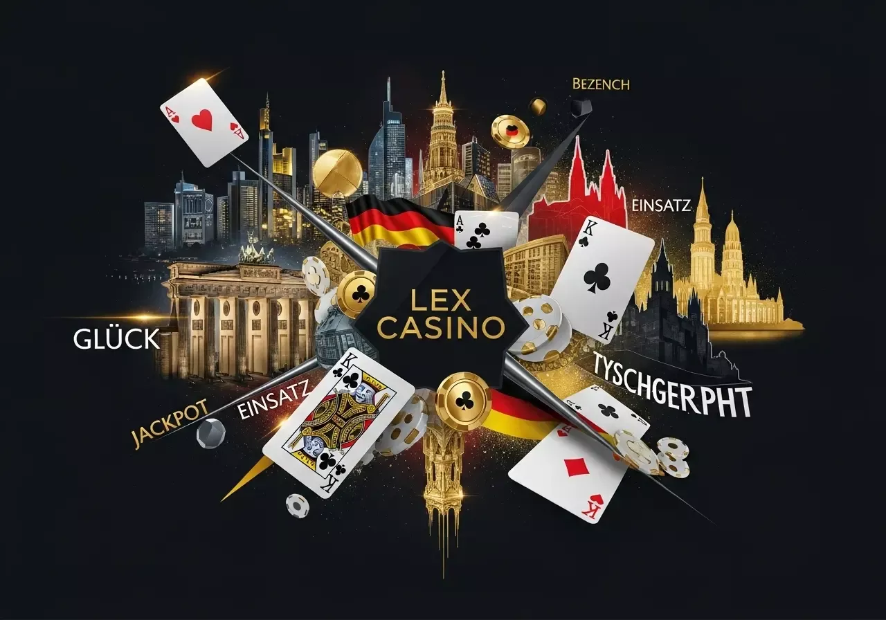 Lex Casino mit Deutschland verbindet – mit Brandenburger Tor, deutschen Farben Schwarz-Rot-Gold und modernen Casino-Elementen wie Spielkarten, Würfeln und Slot-Symbolen im eleganten Gold-Schwarz-Stil.