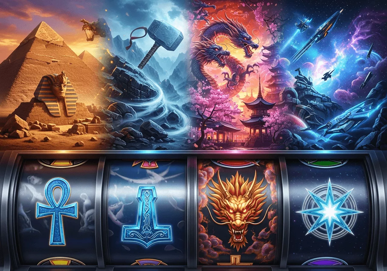 Collage of diverse slot machine themes including Egyptian pyramids, Norse mythology, Asian dragons, and futuristic space elements